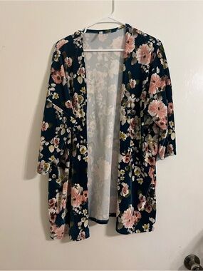 Acting Pro Blue Floral Open Cardigan with Pink Flowers Size L